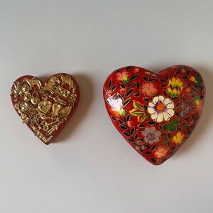 World Market Folk Art Heart Decor Set Red Floral Painted Wood + Brass Charm Hear